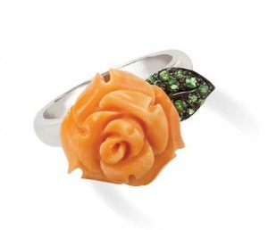 Image of Coral Rose and Green Garnet Leaf Ring in 18k White Gold 