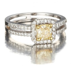 Image of Natural Fancy Yellow Diamond Princess Cut Engagement Ring in 18k Gold with White Diamonds
