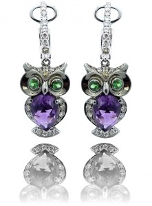 Multi Gemstone and Diamond Owl Earrings in 14k White Gold Image