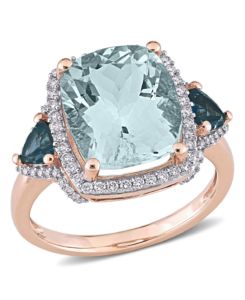 Image of Rose Gold Cushion Cut Aquamarine and Diamond Ring