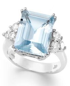 Image of White Gold Emerald Cut Aquamarine and Diamond Ring