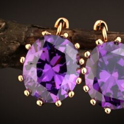 Image of Amethyst Earrings in Gold on twig, dark background
