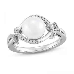 image of Cultured Pearl Ring with Diamonds in Sterling Silver
