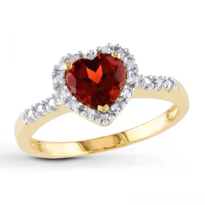 Image of Garnet Heart Ring with Diamonds in 10K Yellow Gold