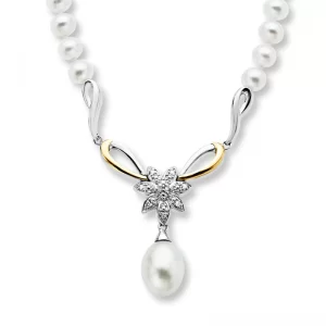 Image of Pearl Necklace With Diamonds Sterling Silver