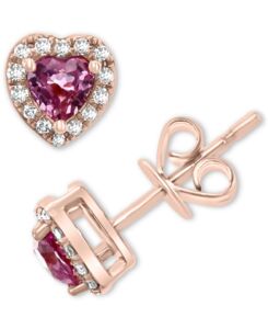 Image of Pink Sapphire and Diamond Heart Stud Earrings in 14k Rose Gold