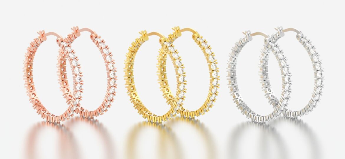 3D illustration three pair of rose, yellow and white gold decorative diamond earrings with hinged lock on a white background
