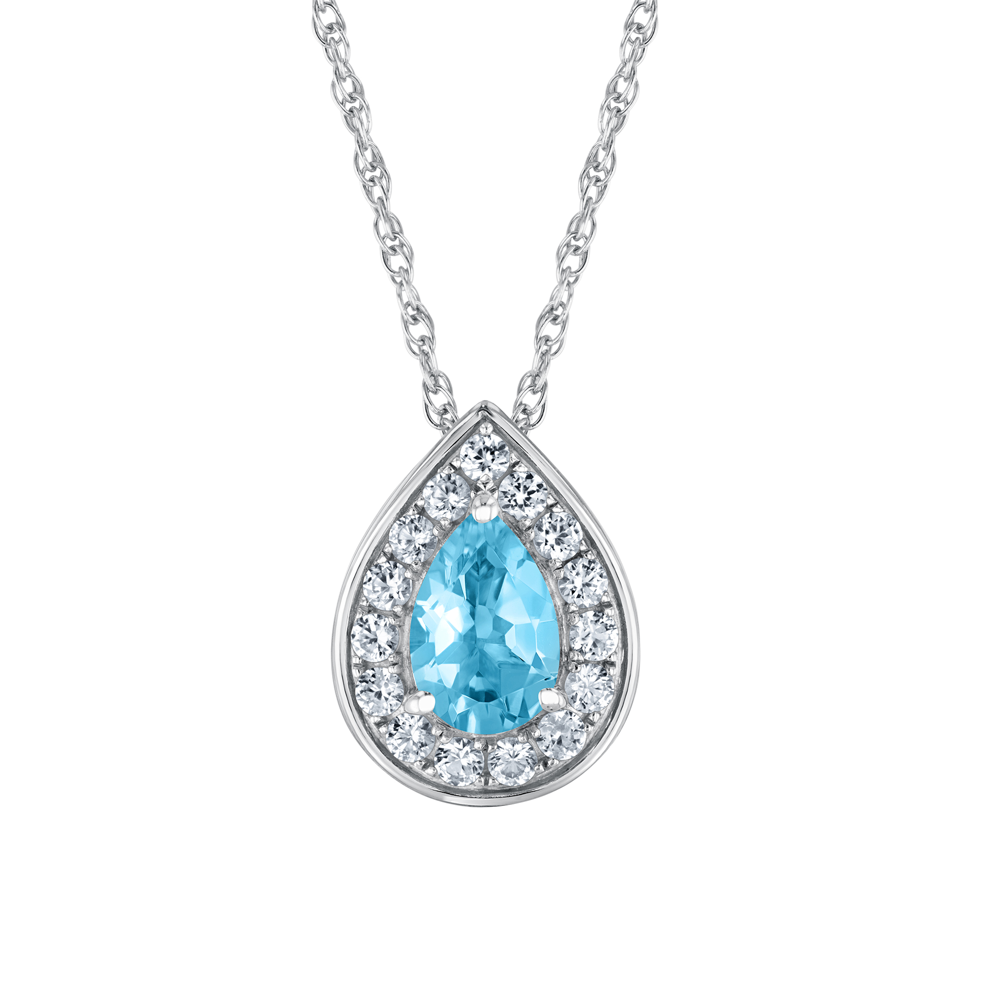 Pear Swiss Blue Topaz and Created White Sapphire Halo Sterling Silver Pendant Necklace