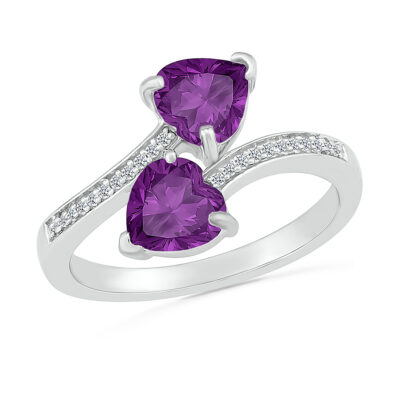 Double Heart-Shaped Amethyst Diamond Accent Sterling Silver Ring - Size 9.5