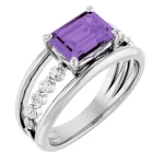 a ring with a purple square stone and diamonds side view