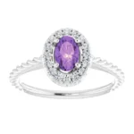 a Natural Amethyst and Diamond Halo Ring with a natural purple Amethyst stone and diamonds