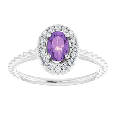 a Natural Amethyst and Diamond Halo Ring with a natural purple Amethyst stone and diamonds